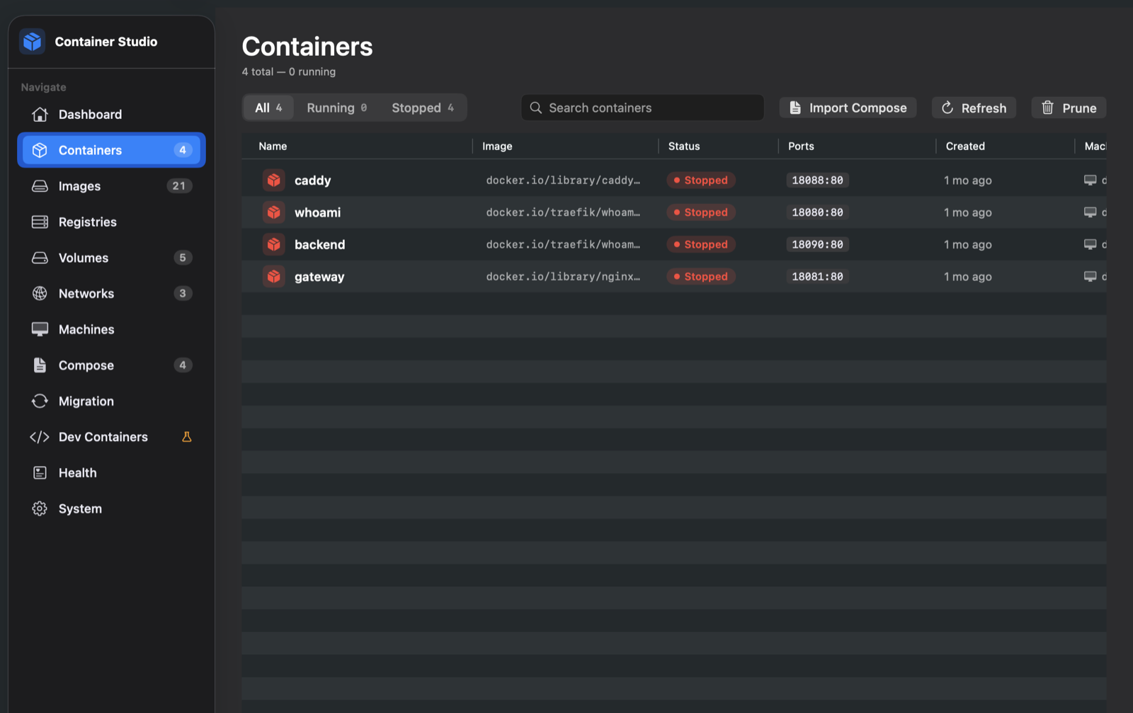 Container Studio listing Apple containers with status, ports, filters and per-row actions
