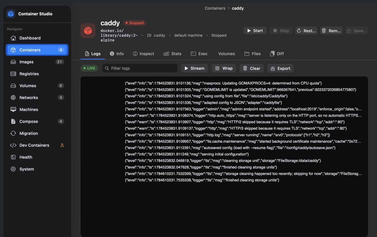 Container detail with streaming logs