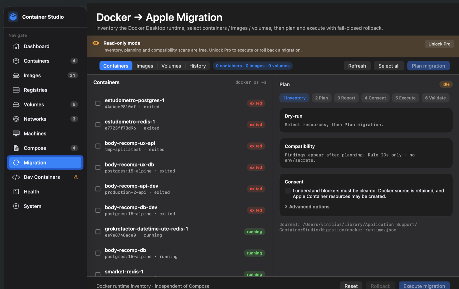 Migration Lab showing a real Docker inventory on the left and the plan, dry-run, compatibility and consent panel on the right