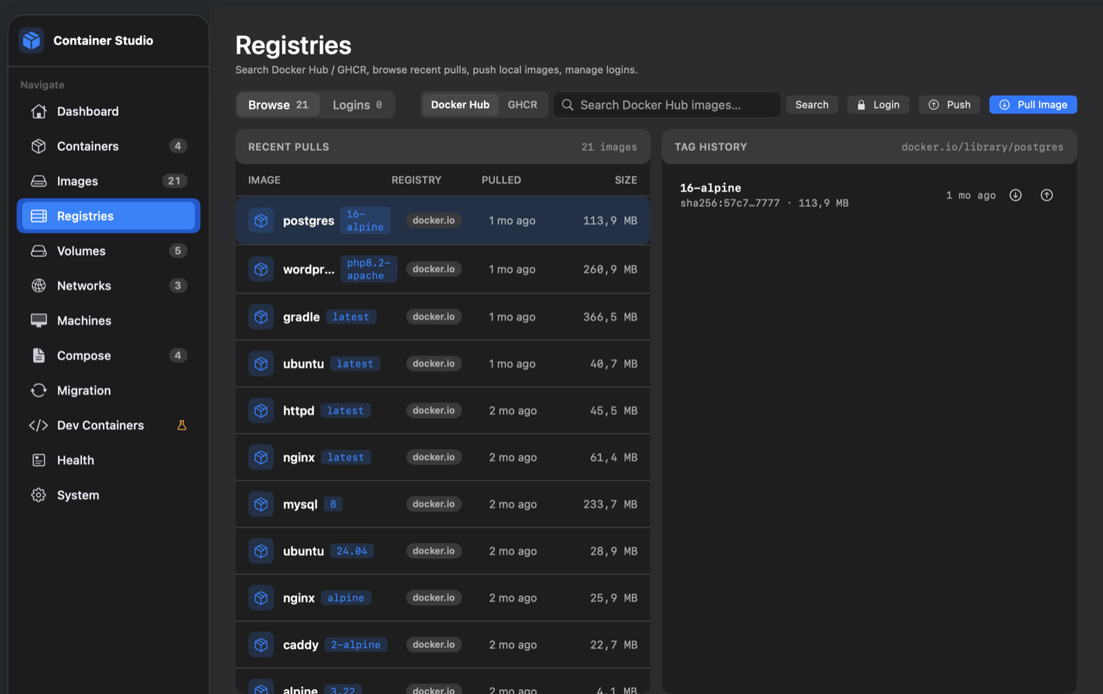 Registry browser searching Docker Hub and GHCR