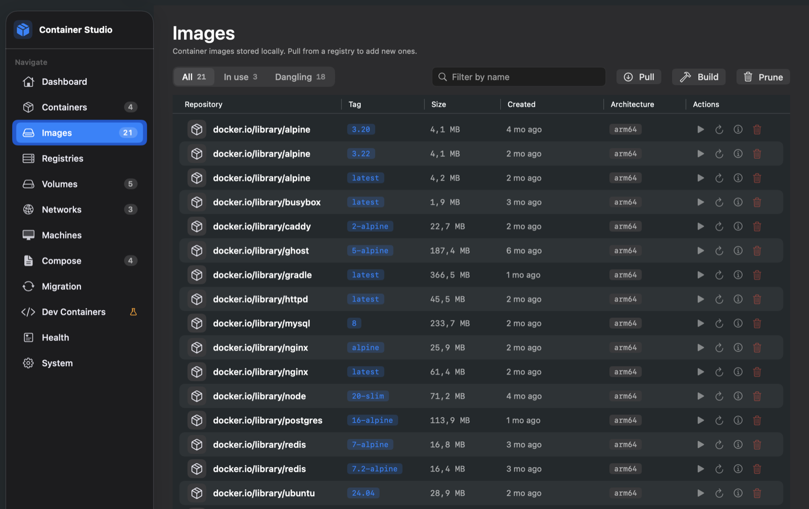 Images list with repository, tag, size and architecture