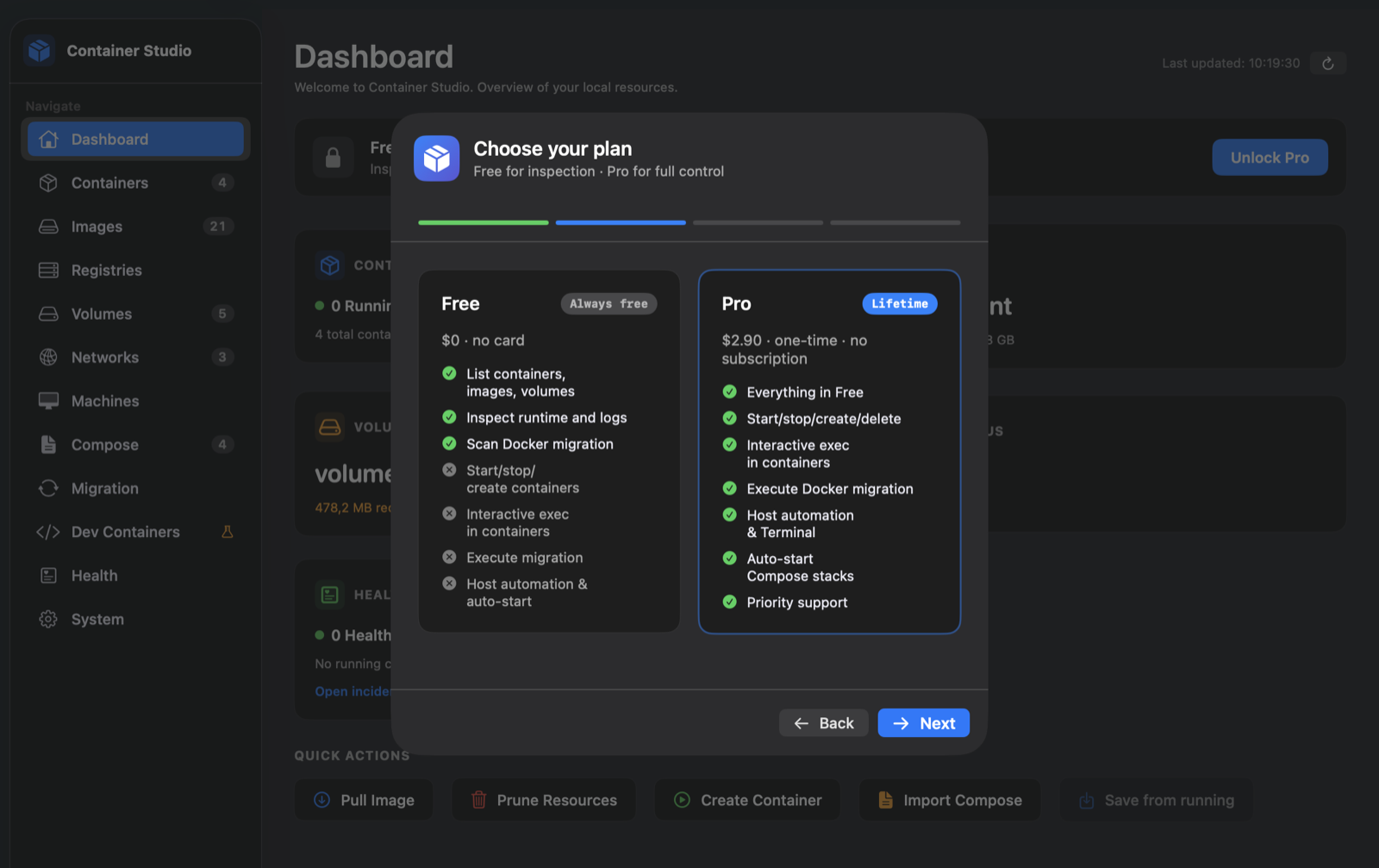 Onboarding plan comparison Free 0 dollars versus Pro 2.90 one-time
