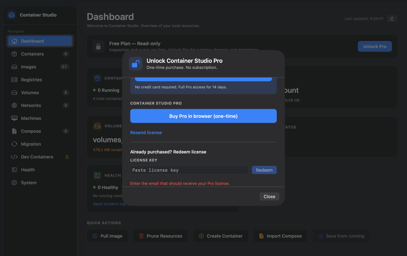 Pro unlock sheet with 14-day trial and one-time purchase